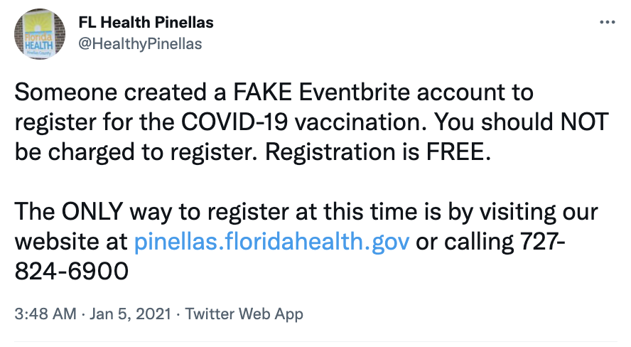 Spot the Scam_COVID-19 vaccination_Announcement of FL Health Pinellas