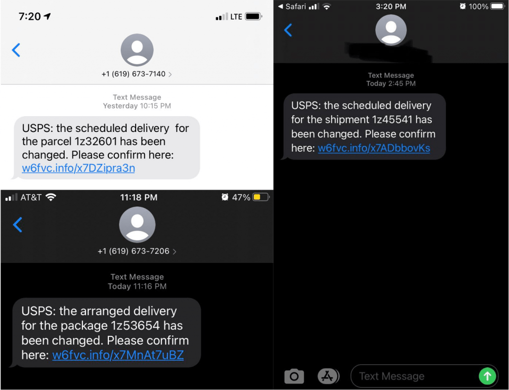 USPS delivery scam text messages. Source: Reddit / Twitter