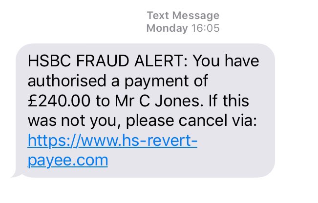 Fake HSBC fraud alert text message. Source: Twitter