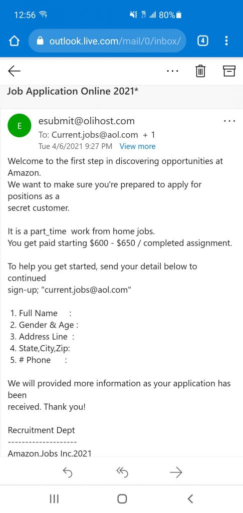 Phishy job scam email. Source: Reddit