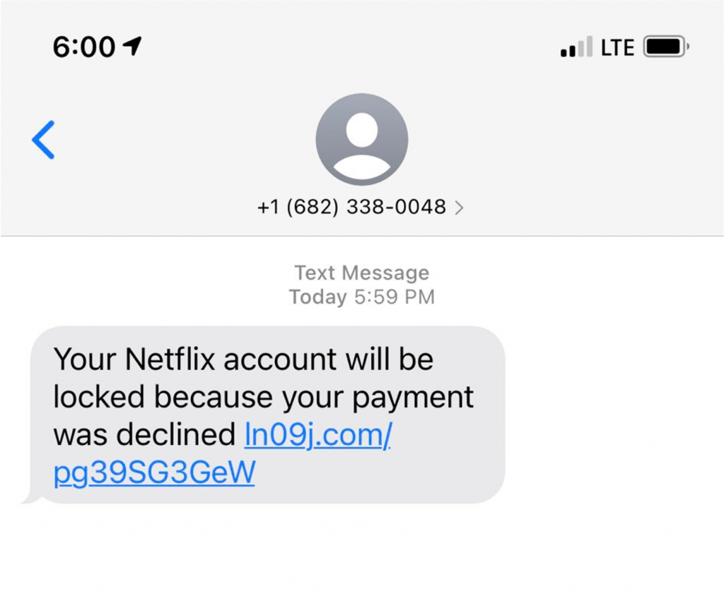 Netflix phishing text message. Source: Twitter