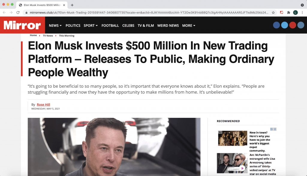 Fake Mirror news page featuring Elon Musk. Source: Reddit