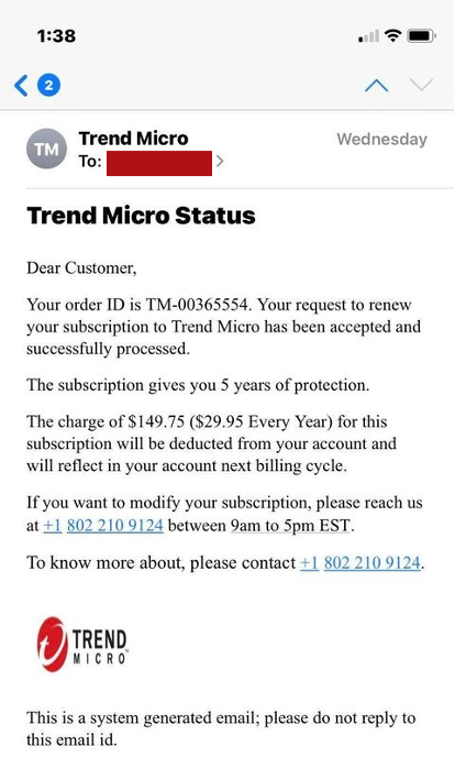 Fake Trend Micro Subscription Renewal Emails