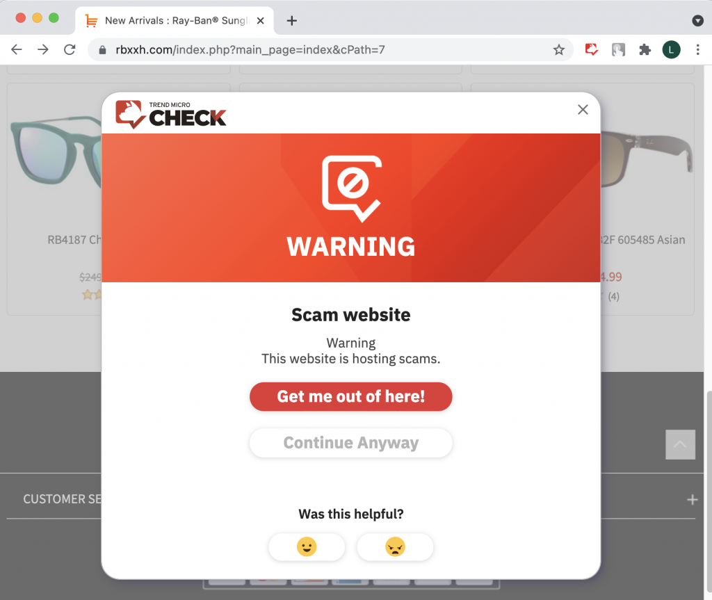Trend Micro Check Chrome extension blocks dangerous page immediately.