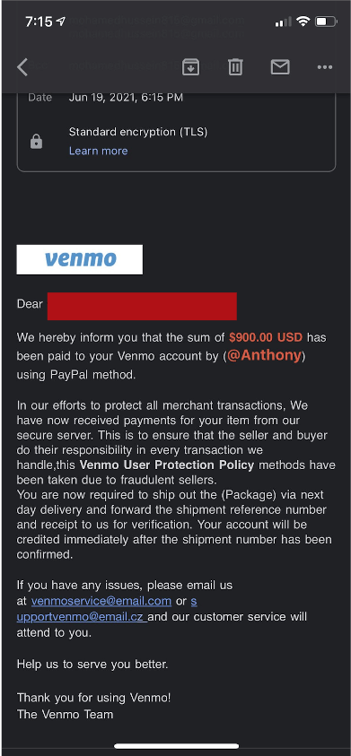 Venmo email scam. Source: Twitter