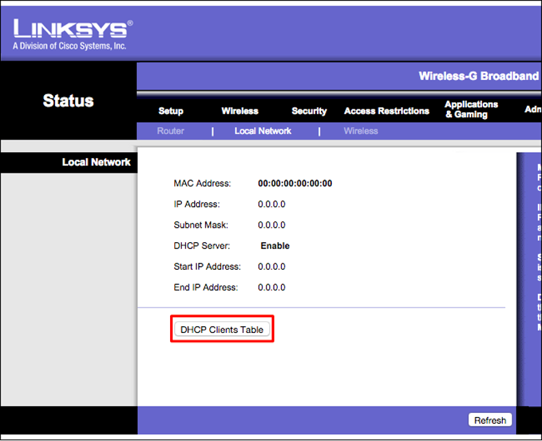 Accessing the DHCP clients table of a Linksys router