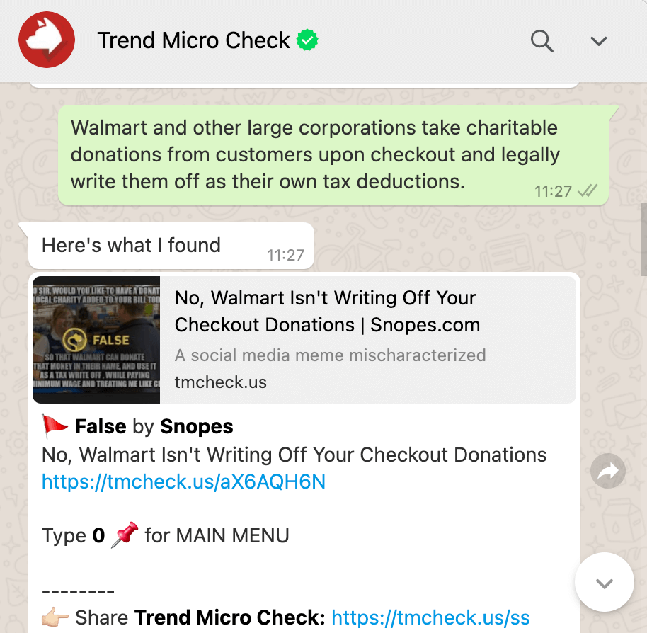 Use Trend Micro Check to gather the information you need to tell what’s real on WhatsApp. Source: Snopes