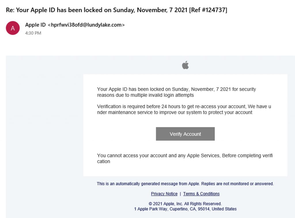 Spot the Scam_Apple id code reset scam email_1112