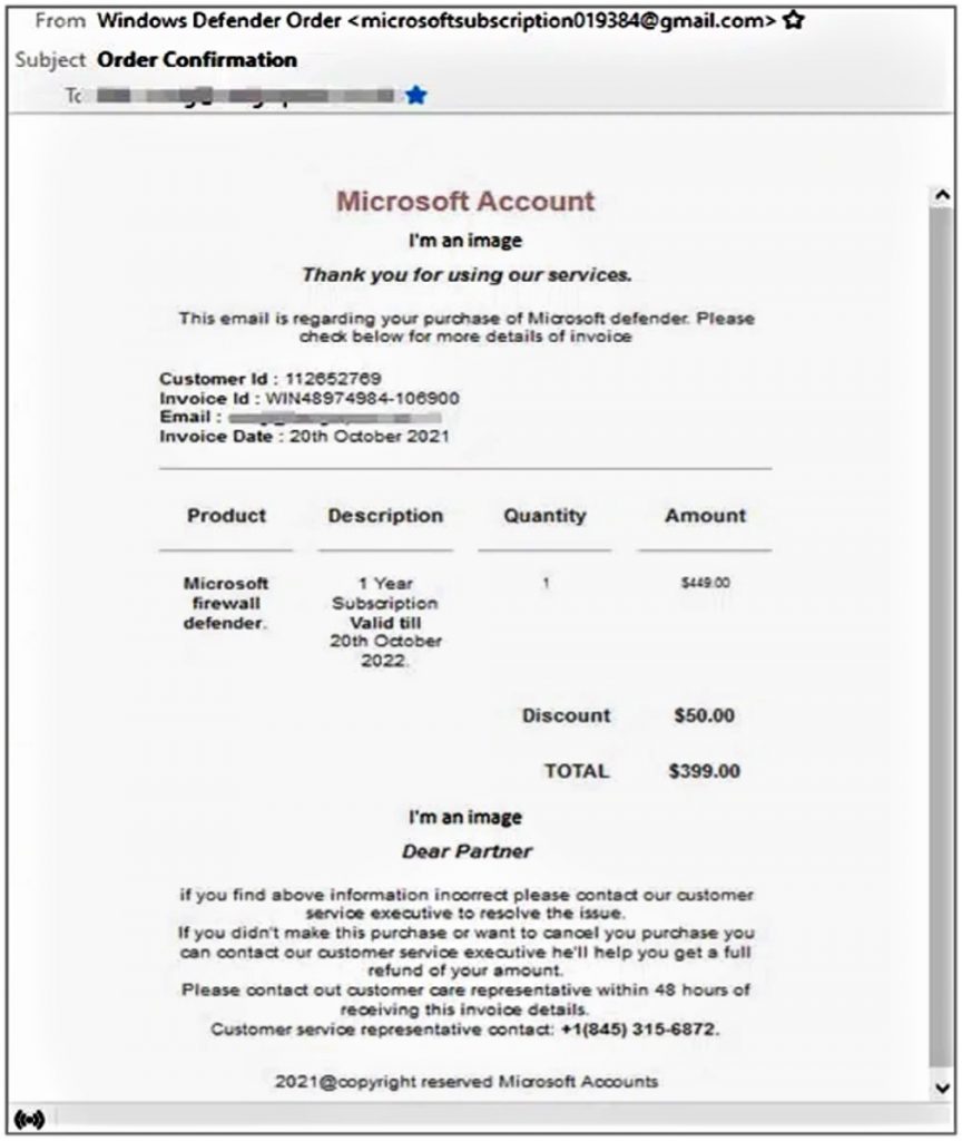 Scam email claims to be from Microsoft