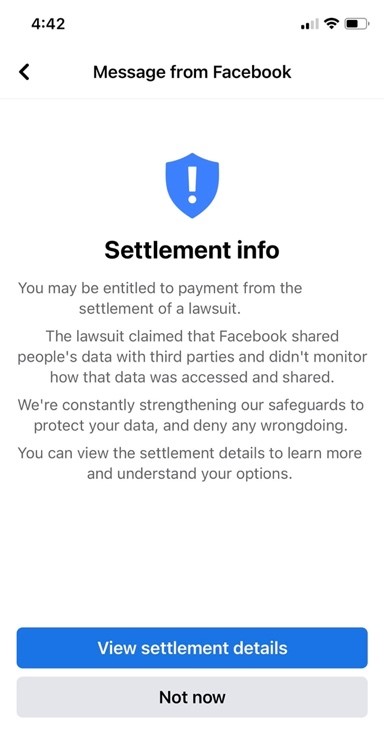 Message of Facebook User Privacy Settlement