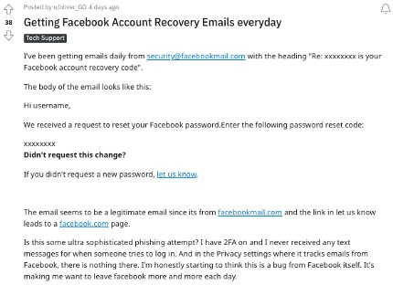 Facebook Account Recovery Code Email Scam