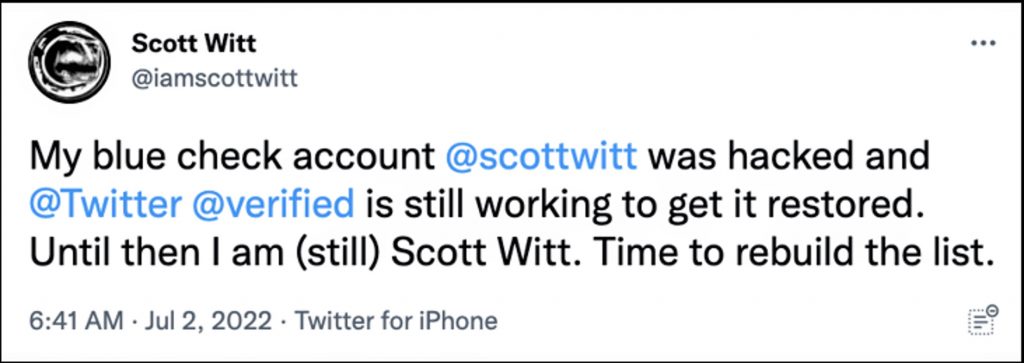 Twitter and Facebook Phishing Scams_Scott Witt Twitter announcement_20220711