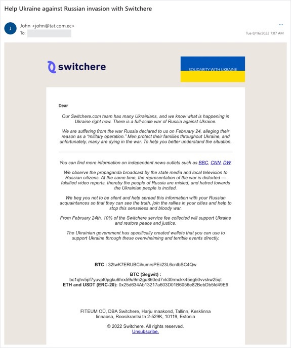 Weekly Crypto Scam_Switchere Ukraine Charity Scams_20220819