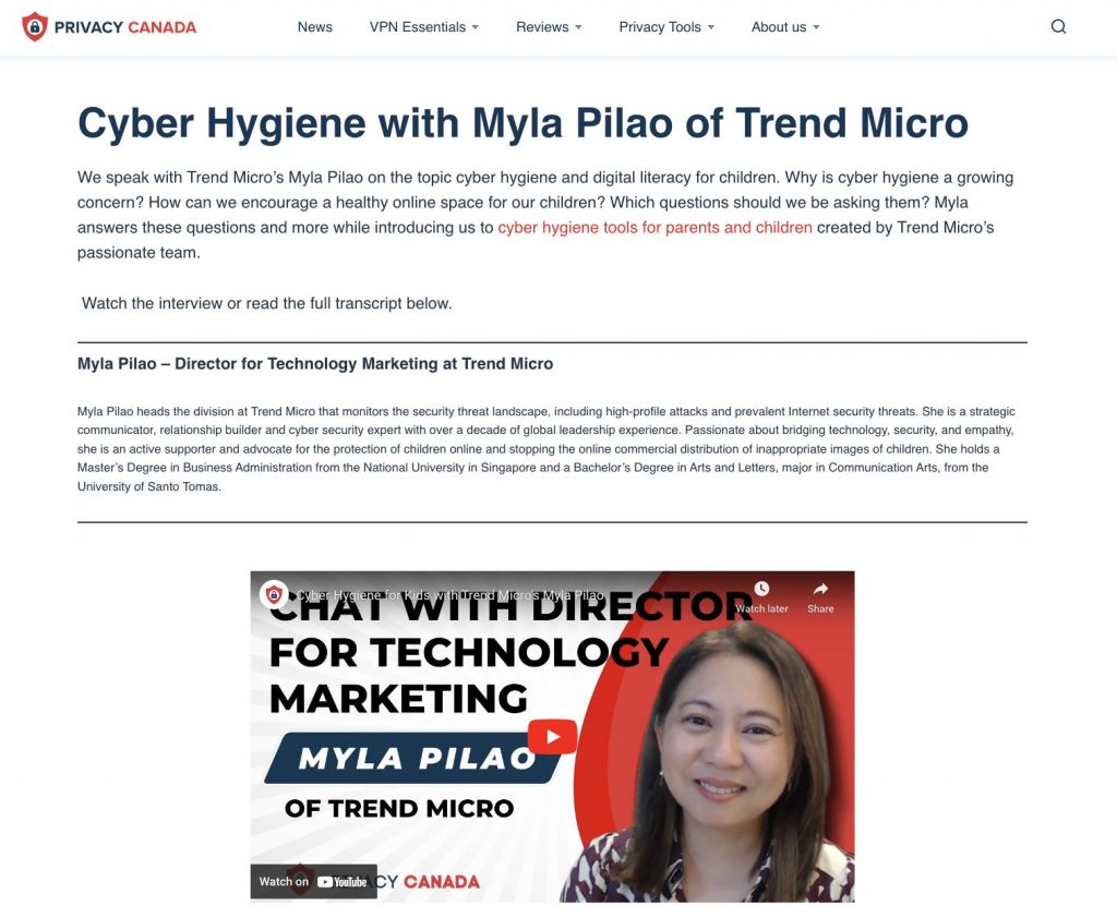 Back to School Advices_Trend Micro Family_Media Coverage_Cyber Hygiene with Myla Pilao of Trend Micro_Privacy Canada_20221114