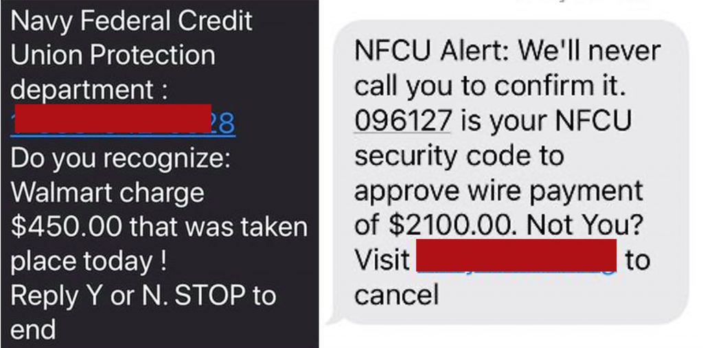 Bank Scams_Navy Federal Credit Union_NFCU Phishing Text_Fake Walmart transaction and fake security code_20220922
