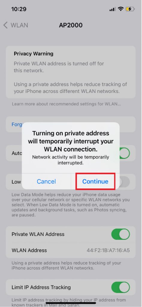 How to Fix Wi-Fi Privacy Warning on iPhone_Setting_4_Private WLAN Address_Continue_20220928