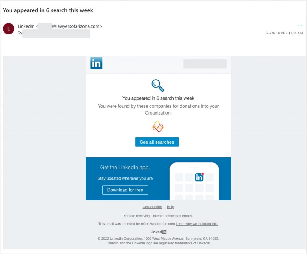 Spot the Scam_LinkedIn_Fake Email_You appeared in searches notification_20220916