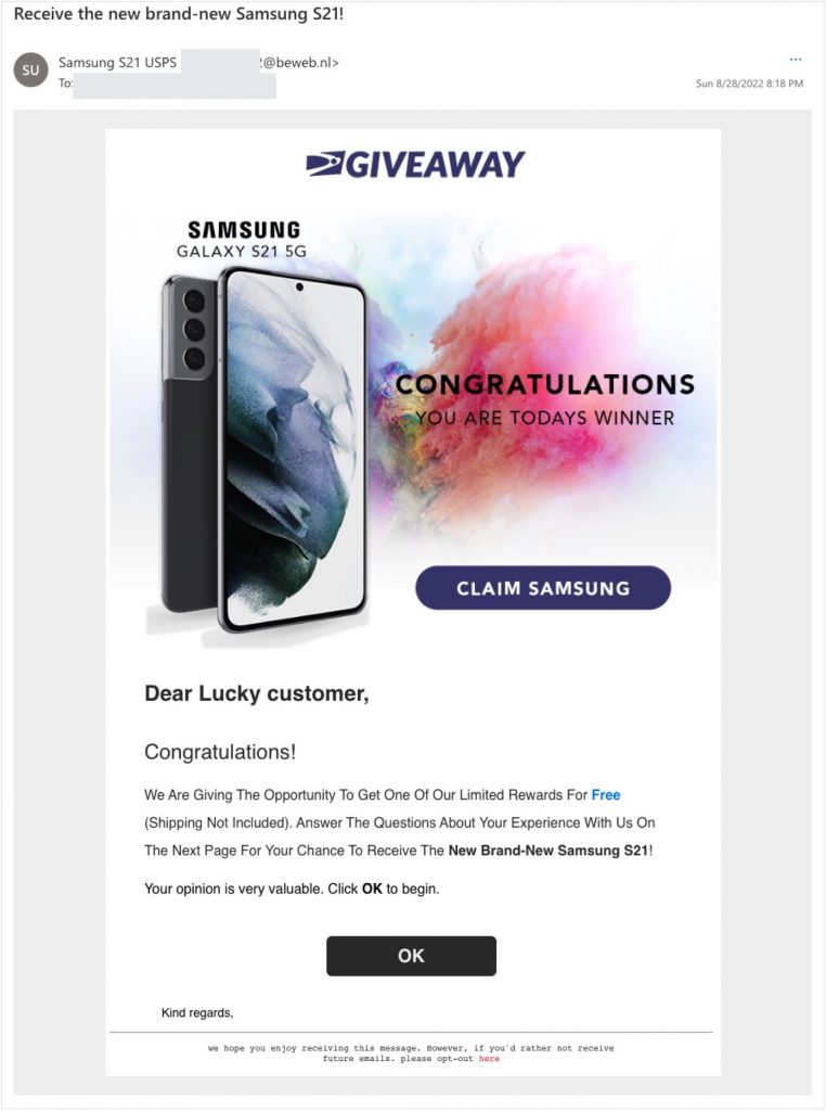 Spot the Scam_Samsung Galaxy S21 Giveaway Email Scma_20220902