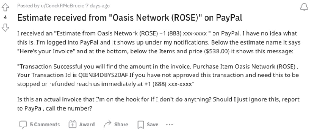 Scam Alert_PayPal Estimate Invoice Scam_Oasis Network_20221007