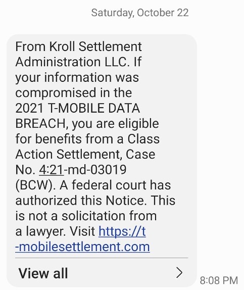 T-Mobile Kroll Settlement Text Message_Scam or NOT_20221028