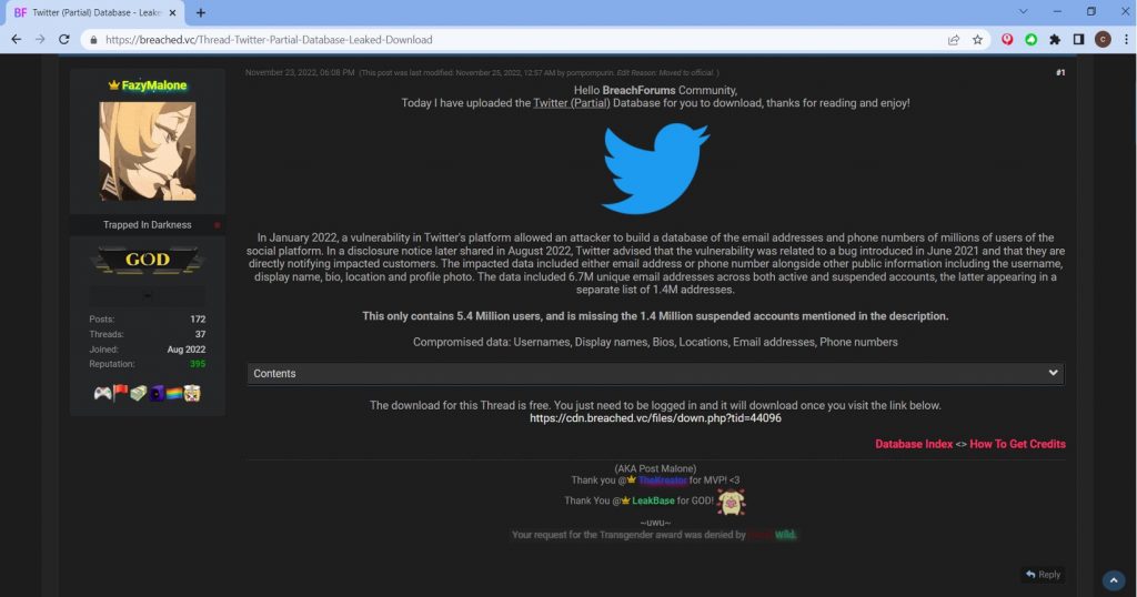5.4 Million Twitter Users Affected in Data Leak_Breached.vc link_20221130