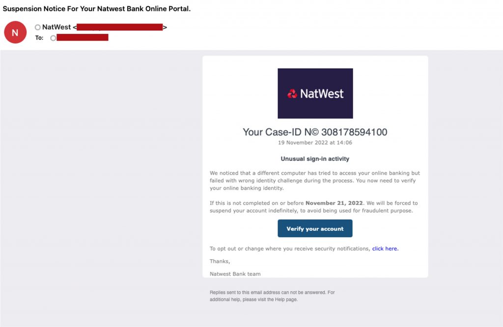 Spot the Scam_Natwest Bank Phishing Email_20221125