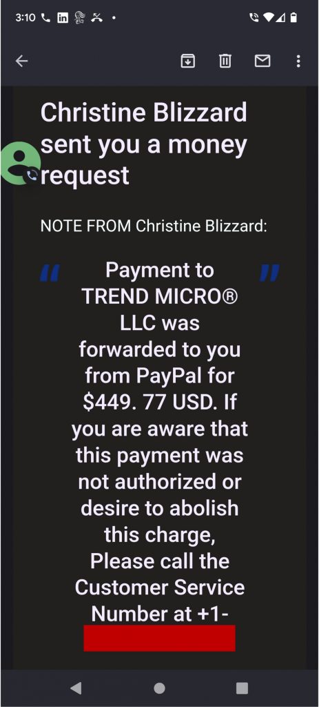 Scam Alert_Trend Micro LLC PayPal Scam_Phone capturas de pantalla de correos electrónicos de muestra_2_20221215