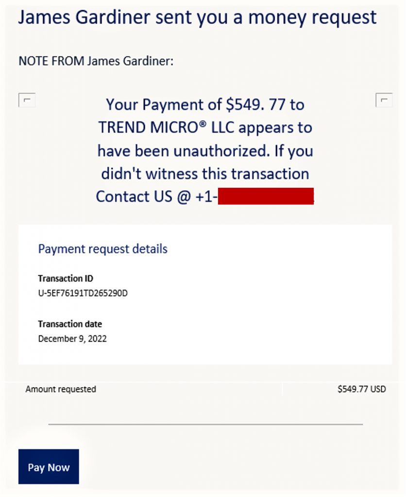Alerta de estafa_Trend Micro LLC PayPal Scam_Emails de estafa de muestra enviados a través de PayPal_2_20221215