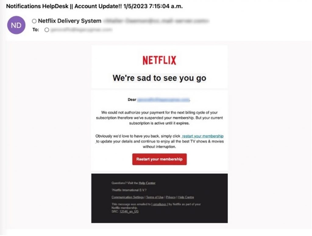 Top Netflix Scams 2023_Suspended Membership Scam_Email_20230118
