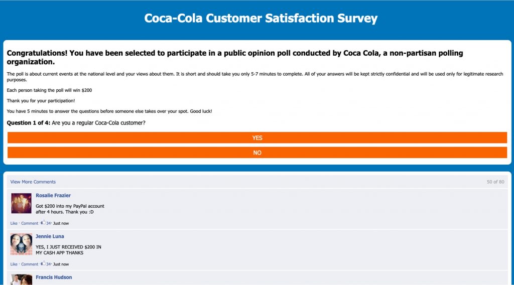 Spot the Scam_Coca-Cola Survey Scam_decocash[.]com_Fake Survey Page and Fake Comments Below_20230210