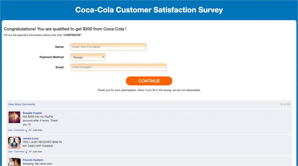 Spot the Scam_Coca-Cola Survey Scam_decocash[.]com_Phishing Page_20230210