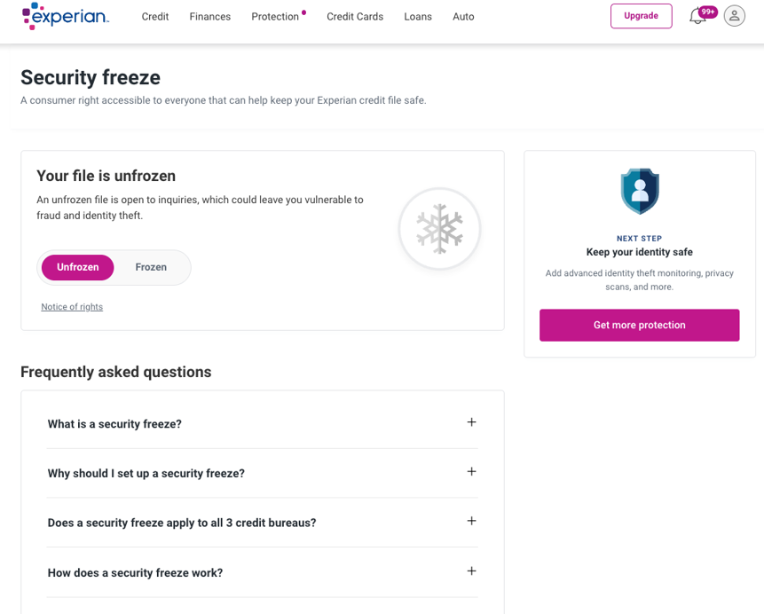 Experian security freeze page