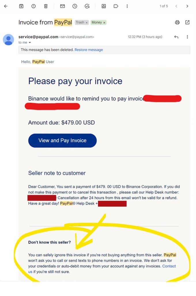 Binance Holdings PayPal Invoice Scam (2)
