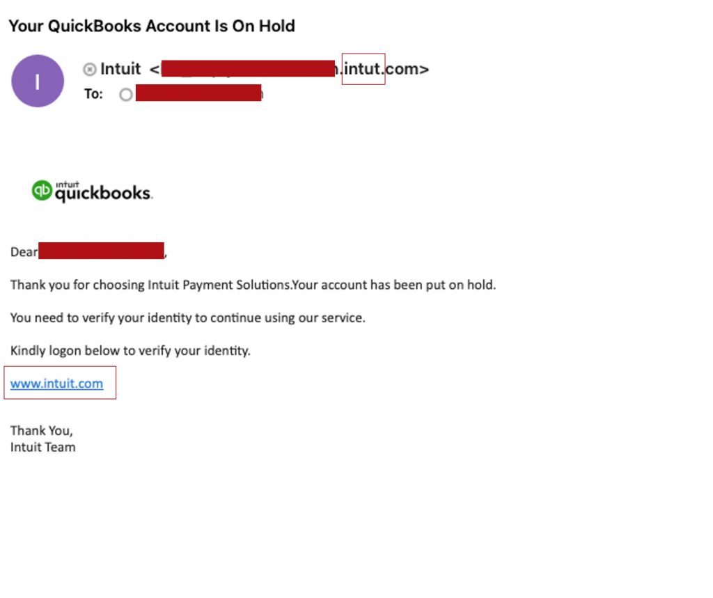 Sample fake QuickBooks security alert email. (Intuit) 