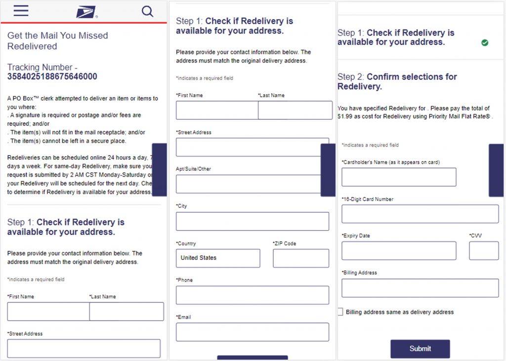 Sample fake USPS tracking page (phishing page!) 