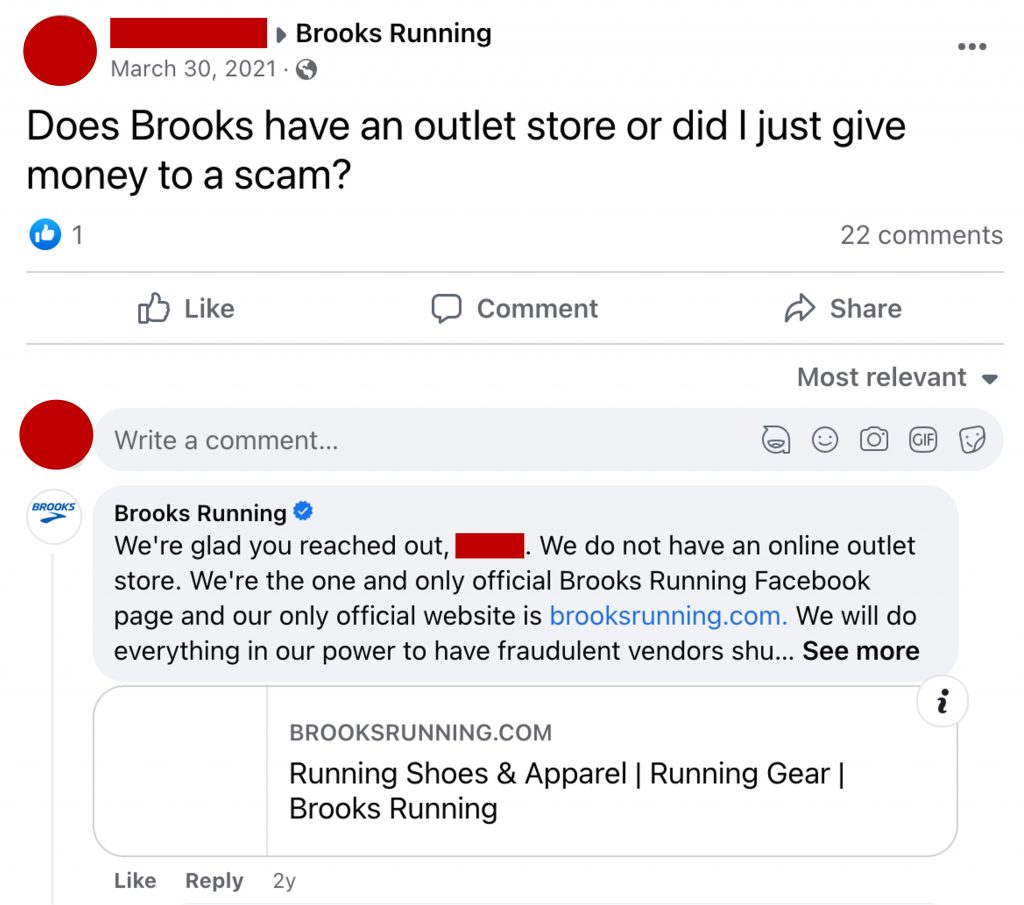 brooks outlets scam Inquiries on Facebook