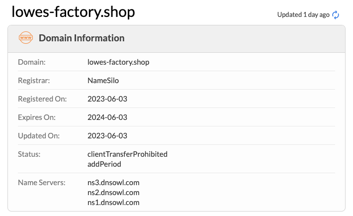 lowes-factory[.]shop: registered on 06/03/23 (Whois) 