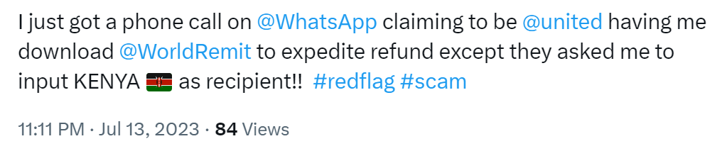Report of United refund scam call on Twitter