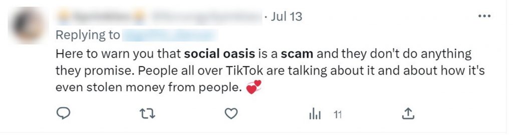 SocialOasis scam comment Twitter 