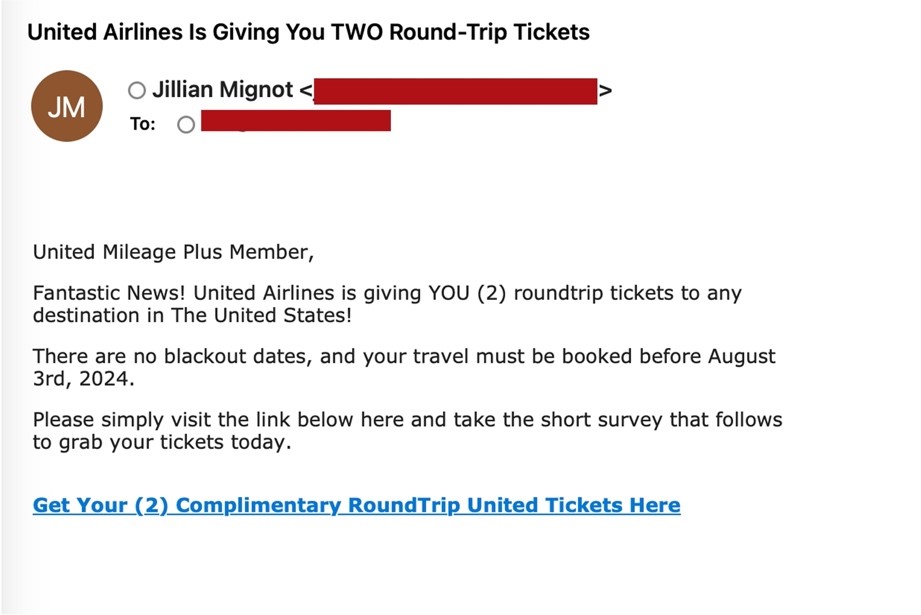 Sample fake United Airlines email 
