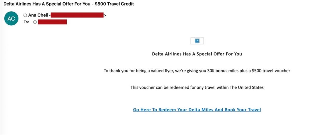 Sample fake Delta Air Lines email 