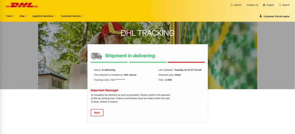 Sample fake DHL tracking page 