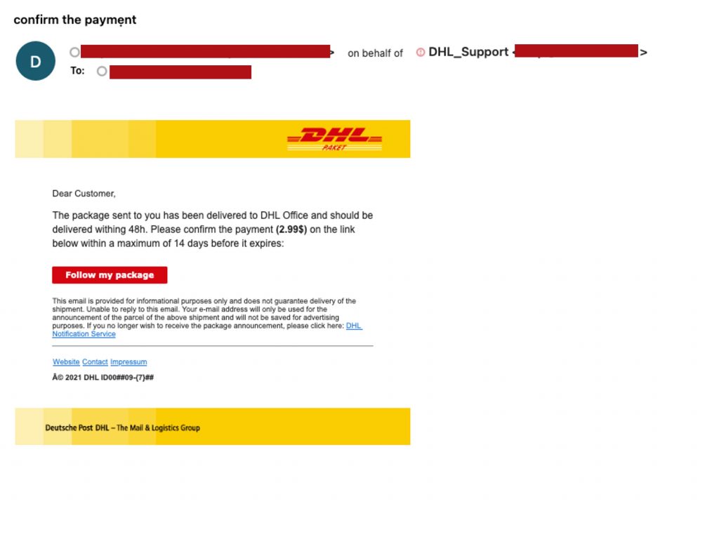 Sample DHL phishing email