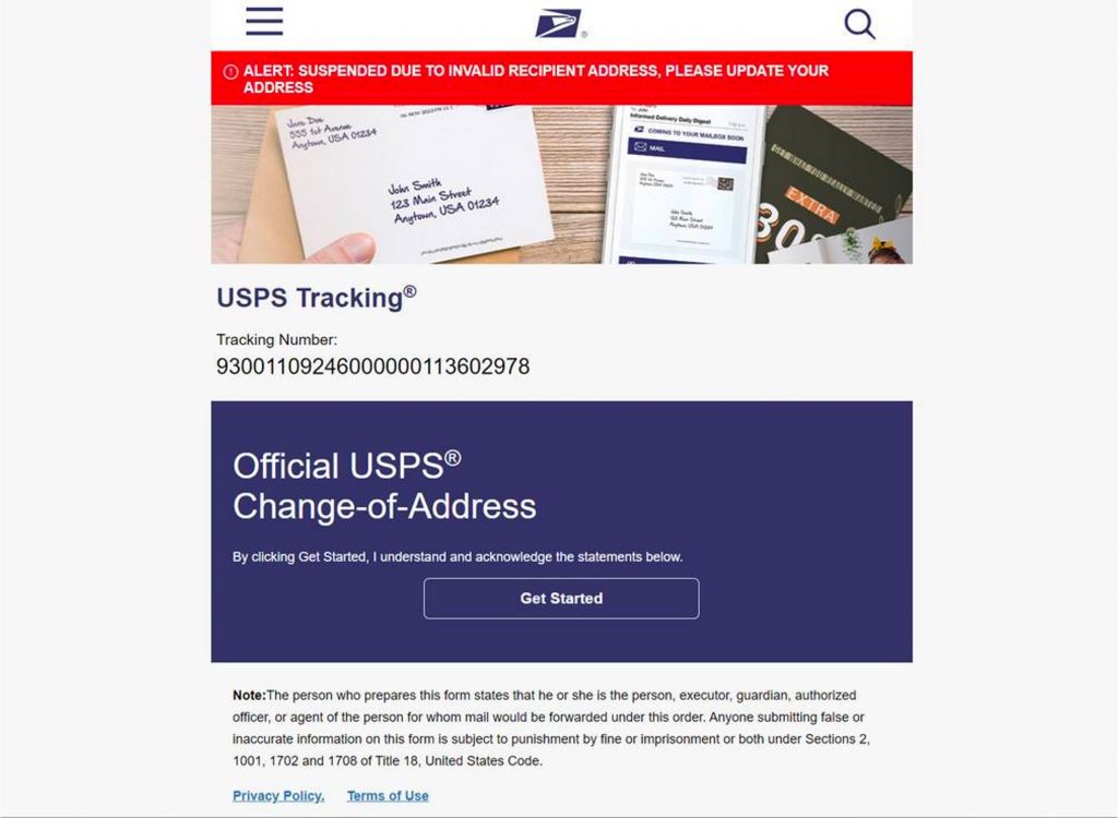 Sample fake USPS tracking page: fokups[.]com (USPS scams)