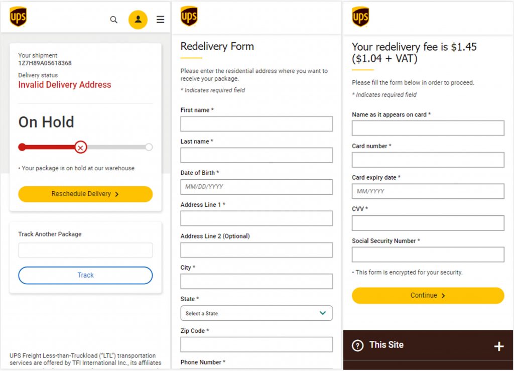 Sample fake UPS tracking page (USPS scams)