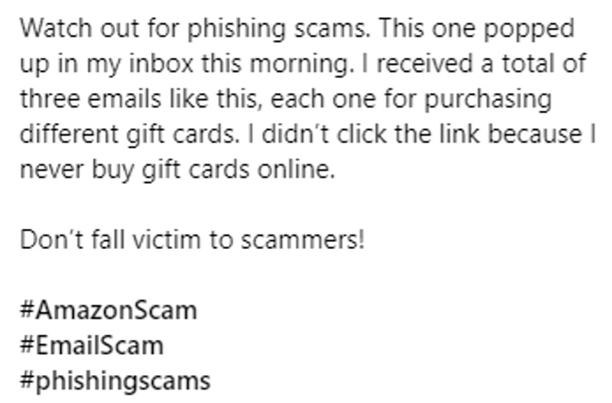 Amazon Email Gift Card Scam_Warning on Facebook