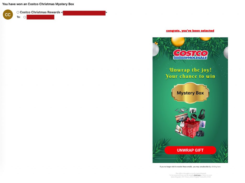 Costco Christmas Gift Scam Email