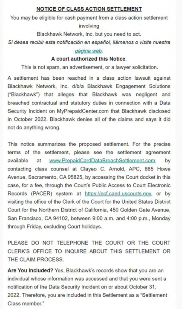 Blackhawk Data Breach_notice of class action settlement