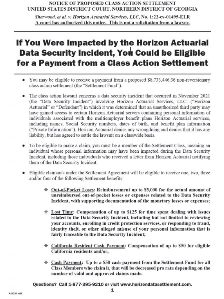 Horizon Actuarial Settlement Notice