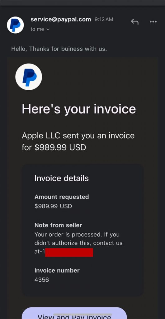Apple PayPal Invoice Scam